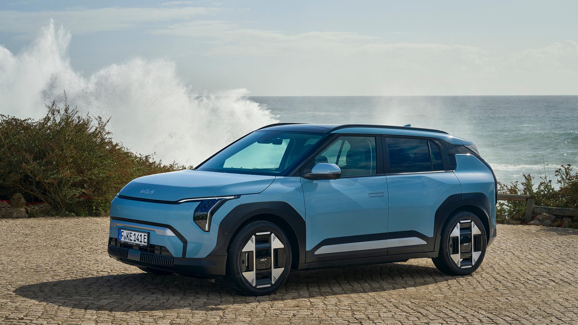 Kia EV3 in light blue, front three-quarter view. Photo: Kia Europe