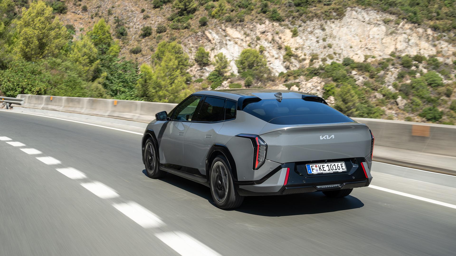 Kia EV4 Fastback from the rear three-quarter angle. Photo: Kia Europe