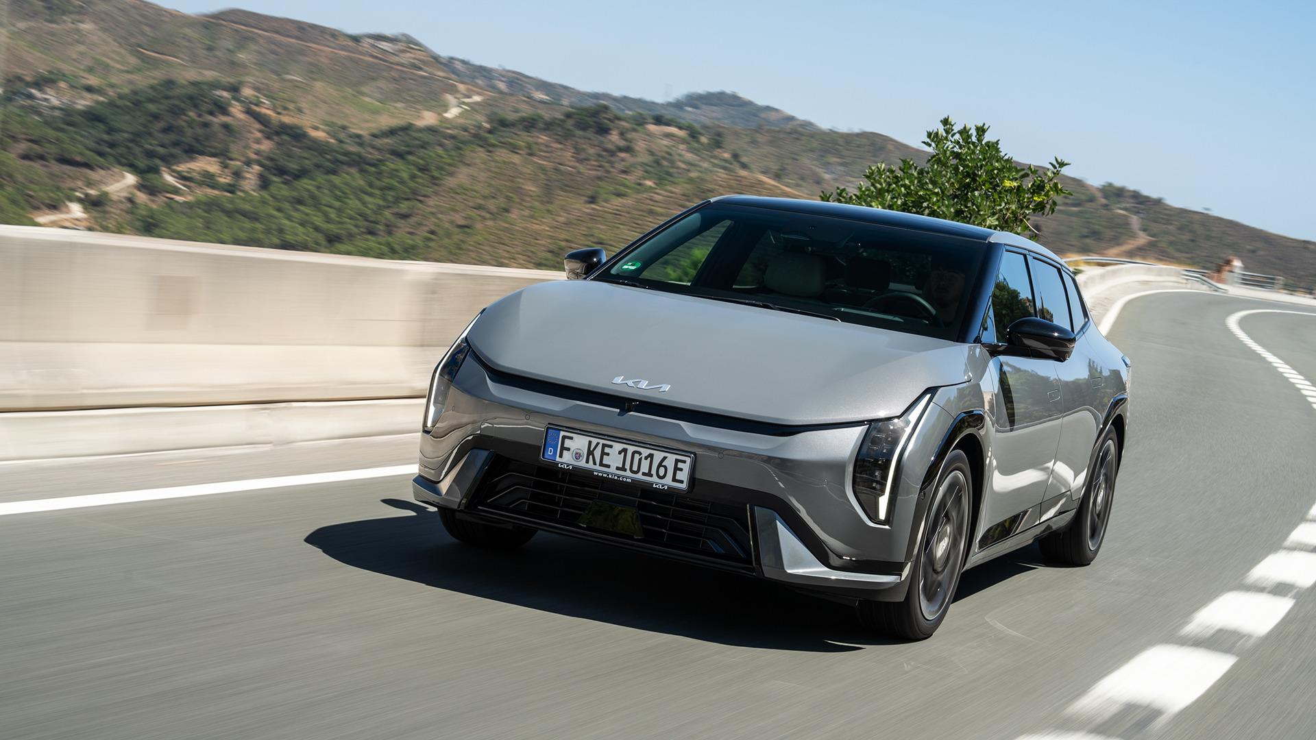 Kia EV4 Fastback in grey, front three-quarter view. Photo: Kia Europe