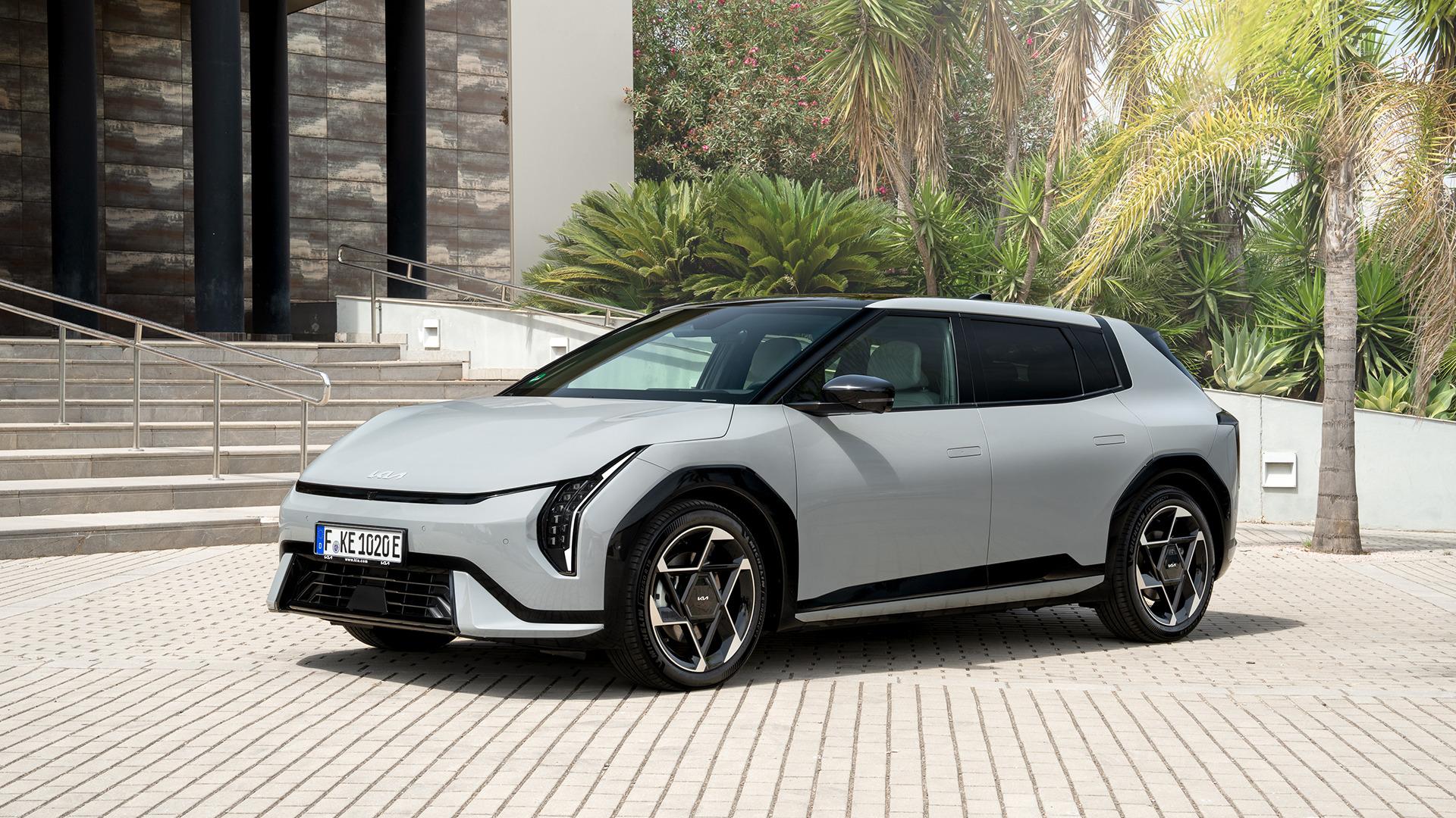 Kia EV4 hatchback in silver, front three-quarter view. Photo: Kia Europe