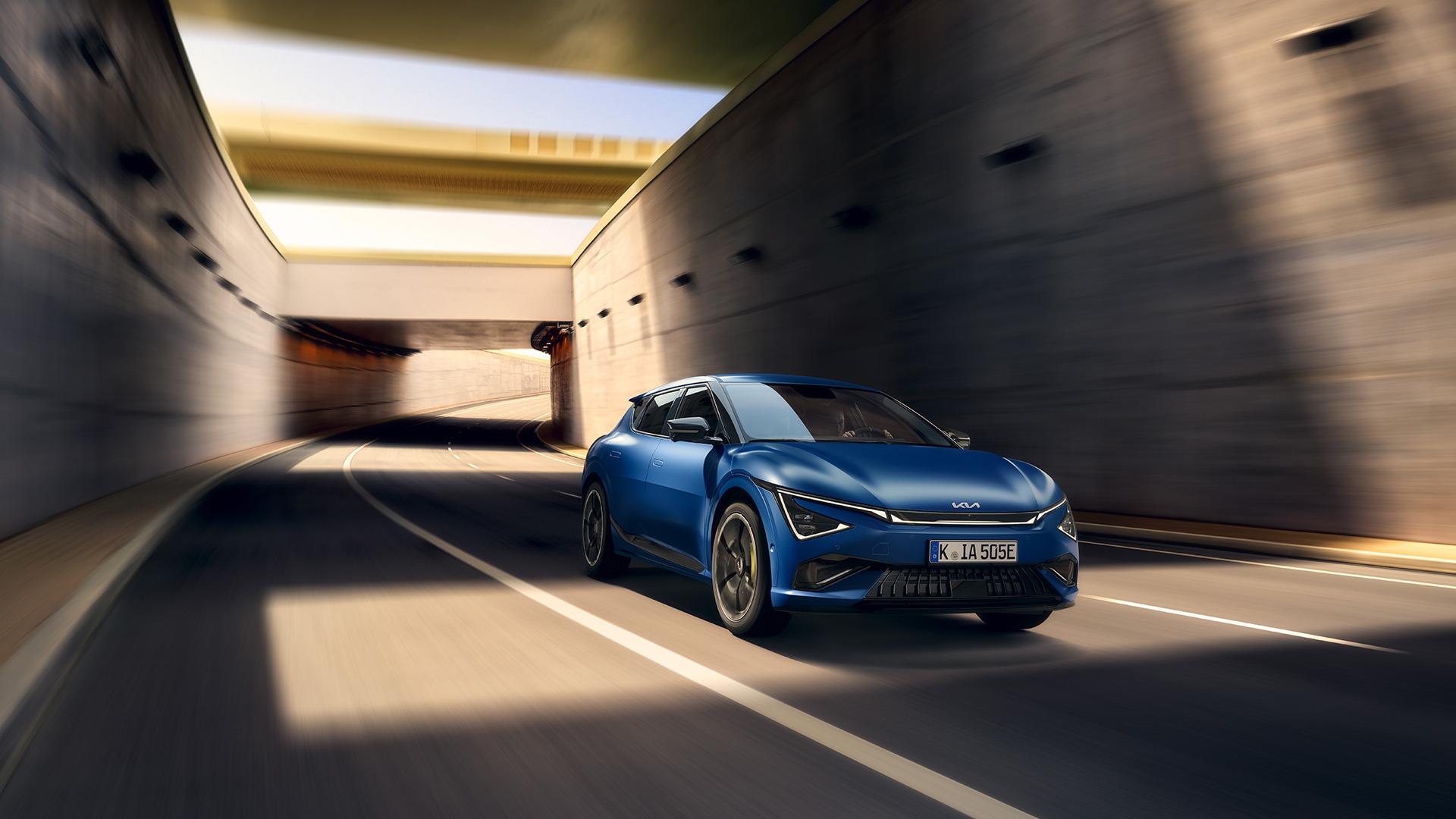 Kia EV6 GT in blue, front three-quarter view. Photo: Kia Europe