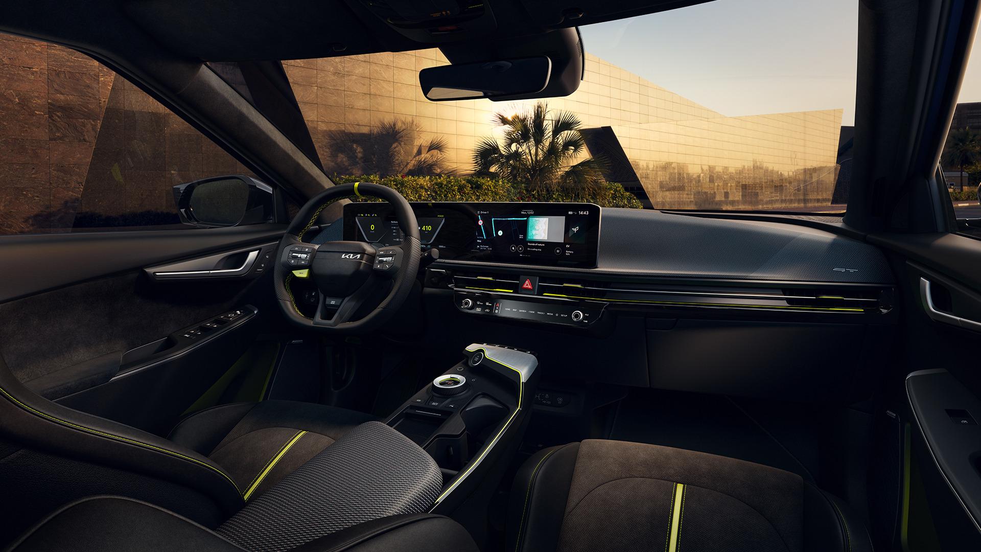 Kia EV6 GT cabin, showing the centre display and dark upholstery. Photo: Kia Europe
