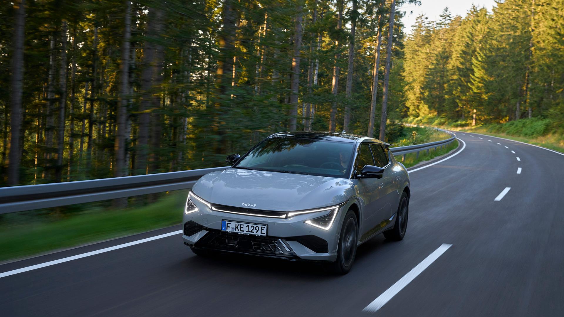 Kia EV6 in silver, front three-quarter view. Photo: Kia Europe