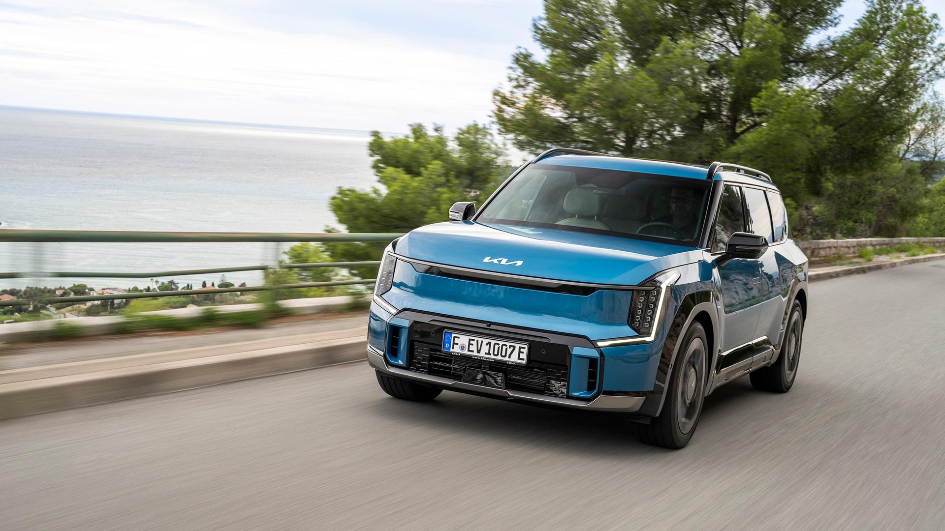 Kia EV9 in blue, front three-quarter view. Photo: Kia Europe