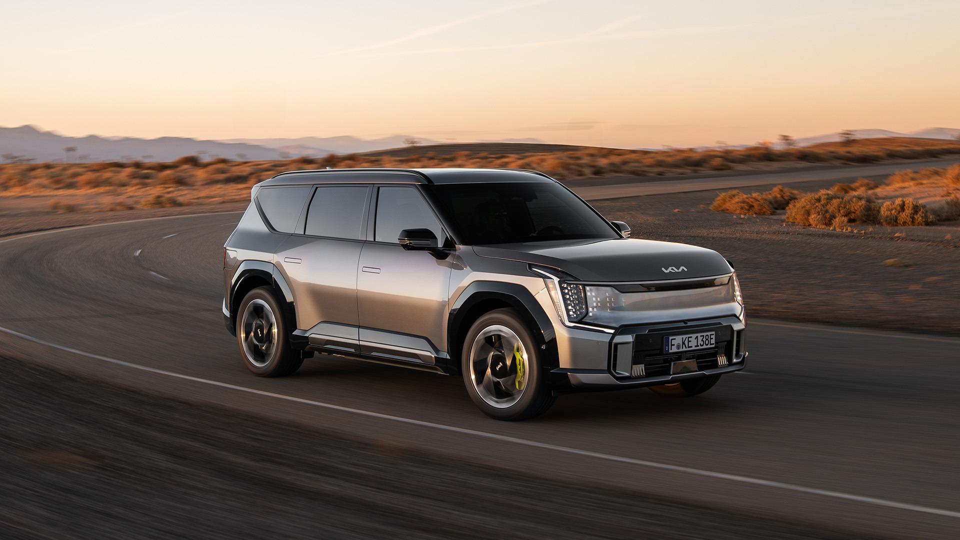 Kia EV9 GT in grey, front three-quarter view. Photo: Kia Europe