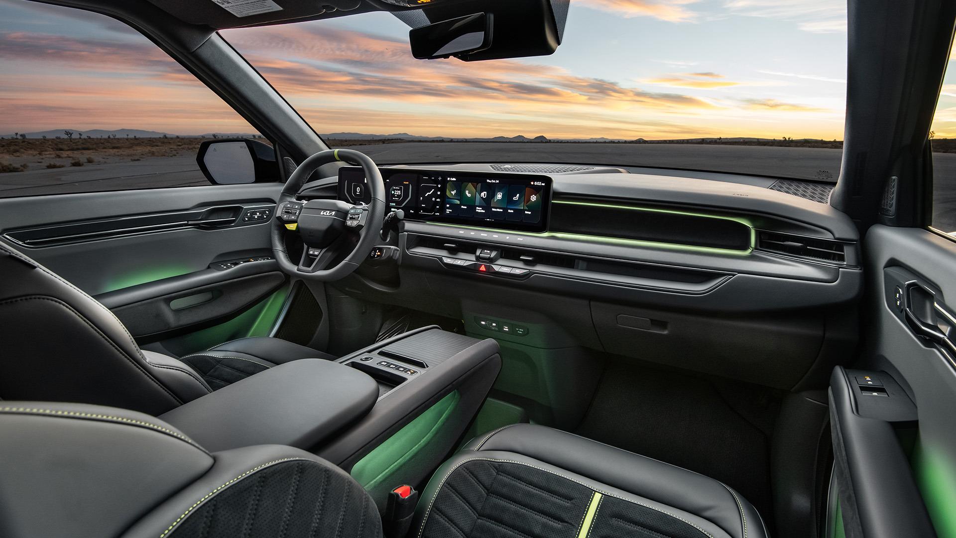 Kia EV9 GT cabin, showing the centre display and dark upholstery. Photo: Kia Europe