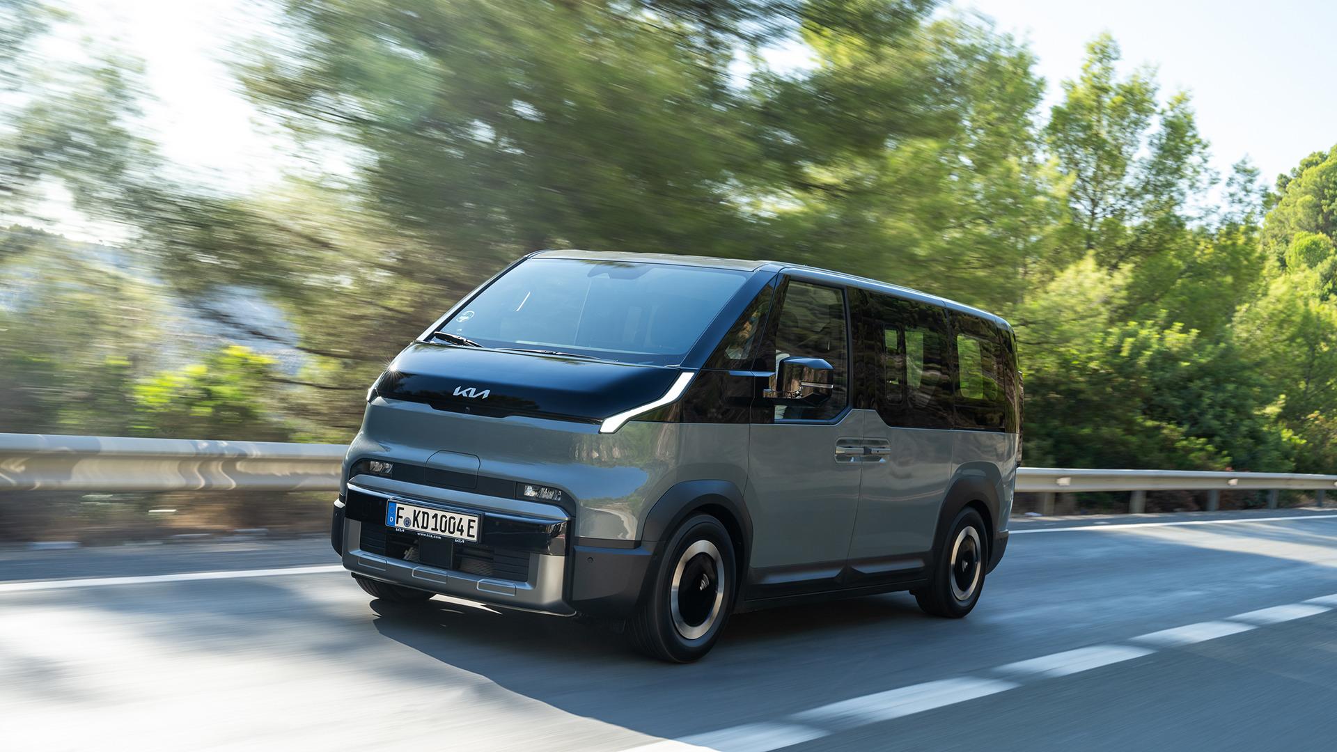 Kia PV5 Passenger in grey-green, front three-quarter view. Photo: Kia Europe
