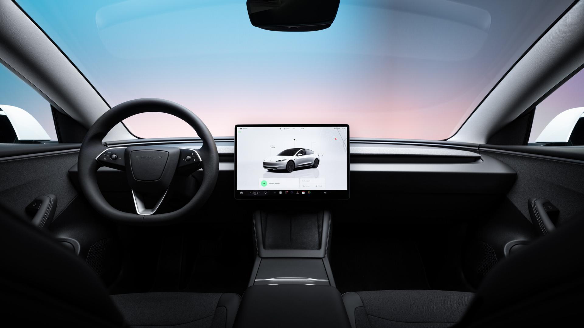 Tesla Model 3 Long Range AWD Highland, interior cockpit view. Photo: Tesla Gallery, tesla.com/tesla-gallery.