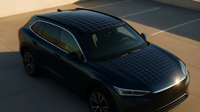Panoramic glass roof of an electric SUV covered with a fine grid of integrated perovskite solar cells in golden hour sunlight