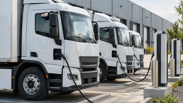 Electric trucks parked at charging stations in an industrial depot with a warehouse in daylight. AI-generated illustration.