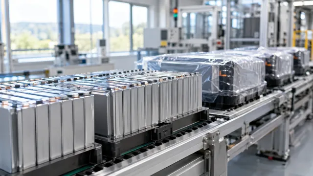 Stacks of prismatic lithium-ion cells on a conveyor at a European battery plant, with finished modules wrapped in protective film in the background. AI-generated illustration.