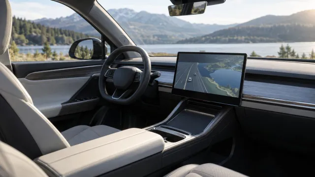 Interior of an electric SUV in daylight with a large screen showing a 3D map and lane markings. AI-generated illustration.