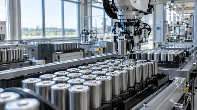 Rows of large-format cylindrical battery cells and a robotic assembly line inside BMW's new high-voltage battery plant in Irlbach-Straßkirchen, Lower Bavaria. AI-generated illustration.