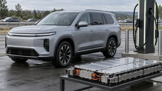 Large electric SUV at a fast-charging station, with a battery pack displayed nearby. AI-generated illustration.