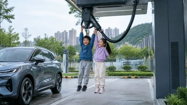 Two children hanging with their feet off the ground from the connector of an overhead-mounted BYD Megawatt Flash Charger at a public charging forecourt in Nanning. AI-generated illustration.