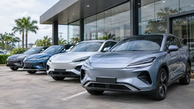 A BYD showroom in Thailand with several of the brand's electric cars parked in a row on the forecourt outside. AI-generated illustration.