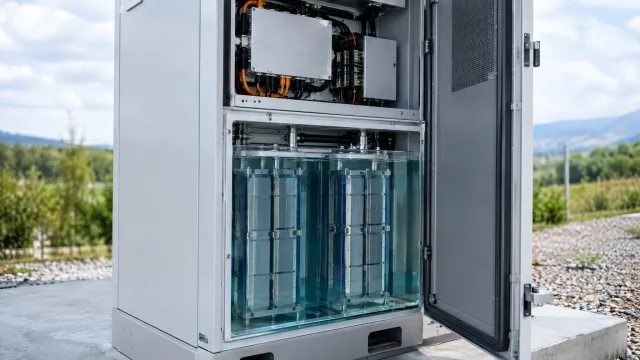 Cutaway view of a tall battery storage cabinet showing cell modules submerged in clear dielectric fluid in the lower compartment and electrical components in a sealed dry section above them. AI-generated illustration.
