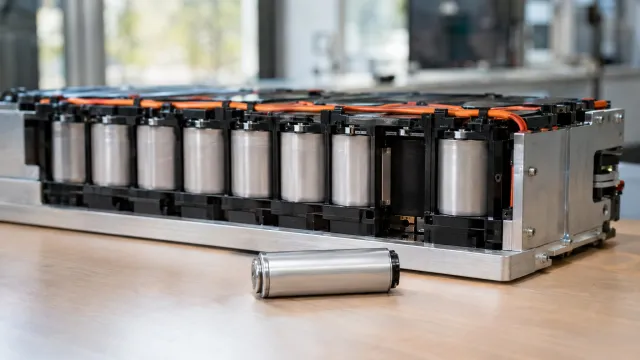 Diagram from Chalmers University showing a reconfigurable battery pack with a weak cell switched out of a series string of cells. AI-generated illustration.