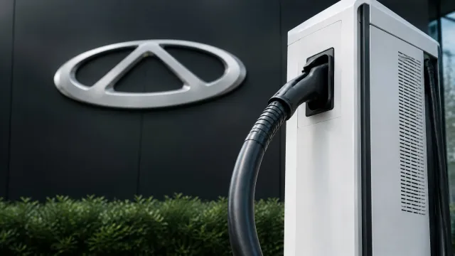 The Chery logo and wordmark on a dark background, with a white megawatt charging cabinet and a thick liquid-cooled cable in the foreground. AI-generated illustration.