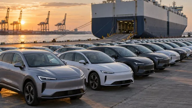 Rows of new electric cars parked on a port quay beside a car carrier ship at sunset. AI-generated illustration.