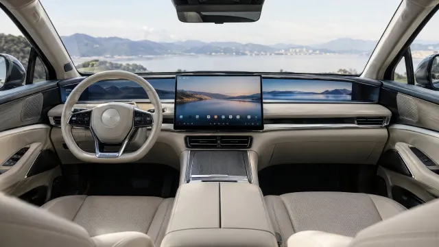 Interior of the Denza N8 in the Morning Mist Beige colourway, showing the 1.1-metre panoramic head-up display strip across the dashboard and the 30-inch central touchscreen. AI-generated illustration.