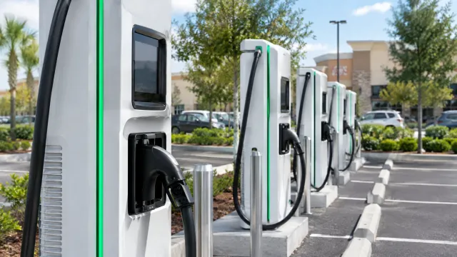 A row of white Electrify America DC fast charging posts with CCS cables at the Sand Lake Corners South shopping centre car park in Orlando, Florida. AI-generated illustration.