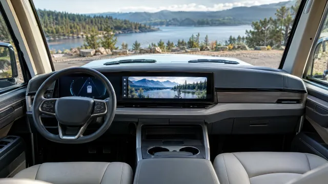 The cockpit of the 2026 Entegra Coach Embark electric motorhome, with a wide flat dashboard display and the bonnet visible through the windscreen. AI-generated illustration.