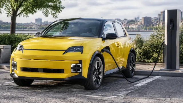 A Renault 5 E-Tech, the EU's best-selling electric subcompact in 2025, parked at a public charging point. AI-generated illustration.