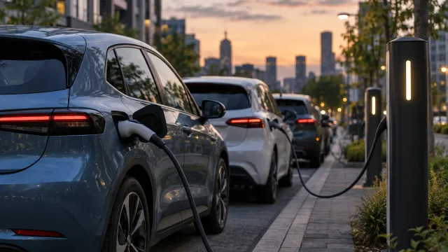 Unbranded electric cars charging at public charging points on a city street at dusk. AI-generated illustration.