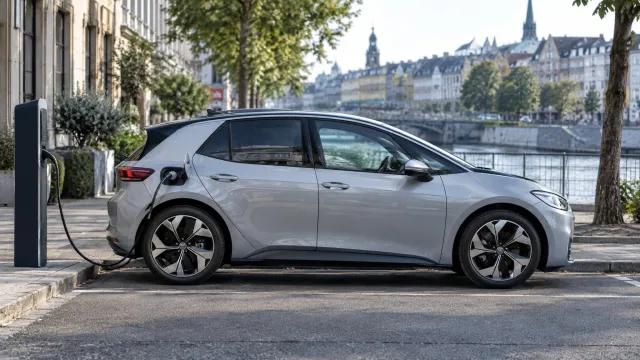 Side view of a silver Volkswagen ID.3 electric hatchback parked next to a charging post on a European city street. AI-generated illustration.