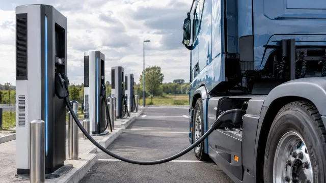 Four charging bays at the Voltix truck charging station in Vierzon, France, with an MCS cable connected to a heavy-duty electric tractor unit. AI-generated illustration.