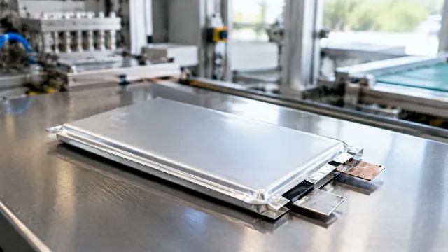 A 25-Ah pouch cell with a silicon-rich anode, built on the pilot line of Fraunhofer ISE's StrOboBatt project. AI-generated illustration.