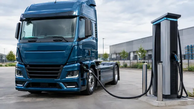 An electric MAN eTGX truck from logistics company Behrens Group plugged into an Alpitronic DC fast charger at a depot in a German industrial estate. AI-generated illustration.