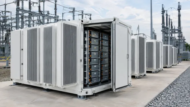 Rows of white containerised battery storage units with passive cooling fins standing on a concrete pad beside a US substation, with sodium-ion cell modules visible through an open door. AI-generated illustration.