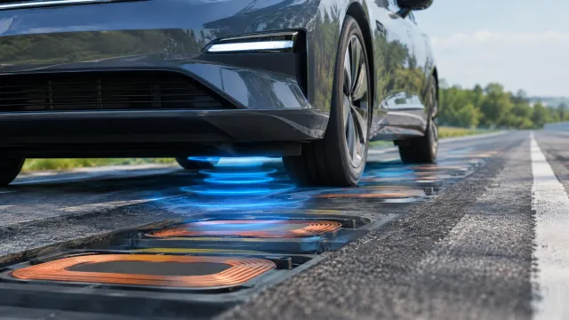 Honda's visualisation of its in-road wireless charging system, with transmitter coils embedded in the asphalt beneath a vehicle driving over the 300-metre test strip. AI-generated illustration.