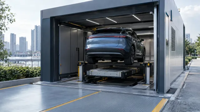 A CATL Choco-swap battery swap station in a Chinese city, with an electric car parked over the open swap bay and a pack being lowered onto a lift. AI-generated illustration.