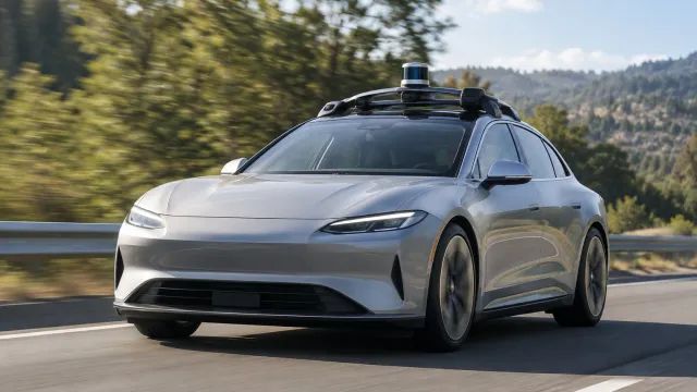 A generic electric car with roof sensors driving on a highway in daylight. AI-generated illustration.