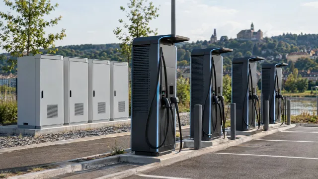 Ionity charging park in Wertheim with four Sungrow battery storage cabinets standing behind a row of Alpitronic HYC400 charging stations. AI-generated illustration.