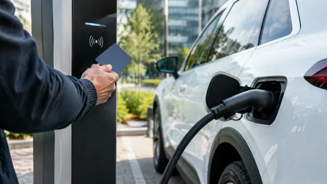A driver holds a charging card beside an electric fleet car connected to a public charging station. AI-generated illustration.