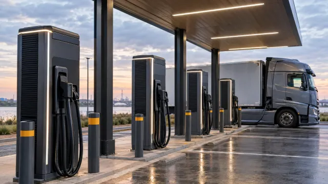 Four megawatt charging posts with MCS and CCS connectors under a lit canopy at Milence's Temse truck charging hub in Belgium, with a semi truck parked at one bay. AI-generated illustration.