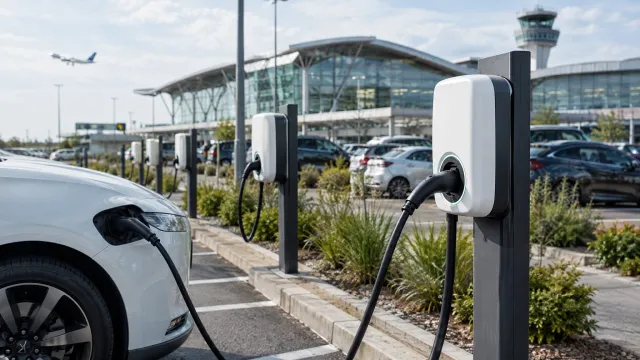 A row of white Wallbox AC charging stations on posts in an airport car park, one electric car plugged in, with a terminal building and parked cars behind. AI-generated illustration.