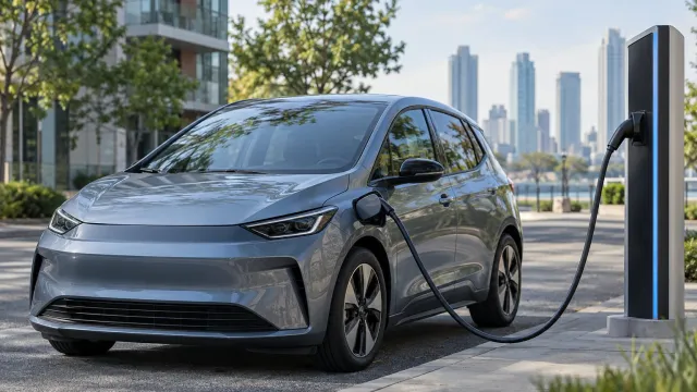 Compact electric hatchback at a high-power charging station on a city street in daylight. AI-generated illustration.