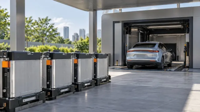 Generic electric car entering an automated battery-swap bay with modular battery packs in daylight. AI-generated illustration.