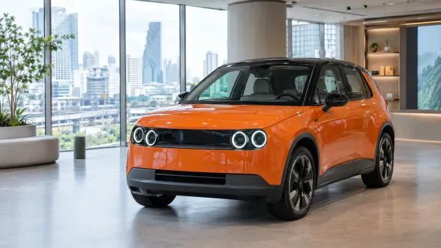 An orange Firefly EV with a black roof and round headlights stands in the new 350 m² Firefly showroom on the fifth floor of the centralwOrld shopping mall in Bangkok. AI-generated illustration.