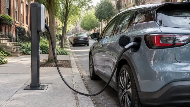 An on-street Level 2 charging post on a Philadelphia residential street with a compact electric car plugged in at the kerb. AI-generated illustration.