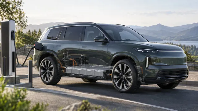 A large electric SUV at a roadside fast-charging station in daylight. AI-generated illustration.