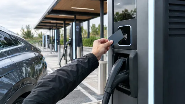 A driver tapping a roaming charging card on a 150 kW CCS ultra-rapid post at a Source charging hub, with a row of covered charging bays behind. AI-generated illustration.
