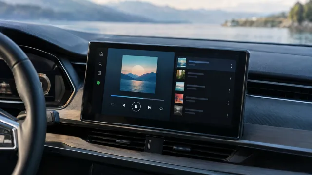 Spotify's new in-vehicle app on the centre display of an Audi, showing album artwork, a playback bar and the queue list. AI-generated illustration.
