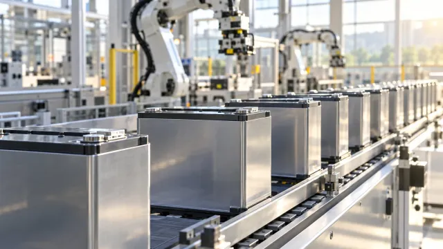 Rows of battery cells on a conveyor in a bright factory hall, illustrating European cell production capacity. AI-generated illustration.