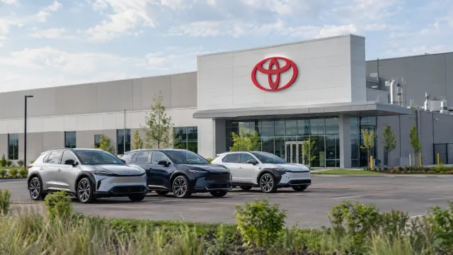 Exterior view of the new Toyota Battery Center of North America building in Saline, Michigan, with the Toyota logo on a light facade and test vehicles parked in front. AI-generated illustration.